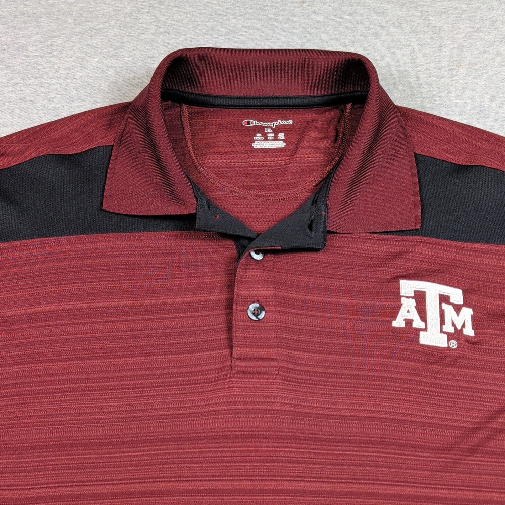 Champion Texas A&M Aggies Mens XL Polo Shirt Maroon Textured Stripe Short Sleeve